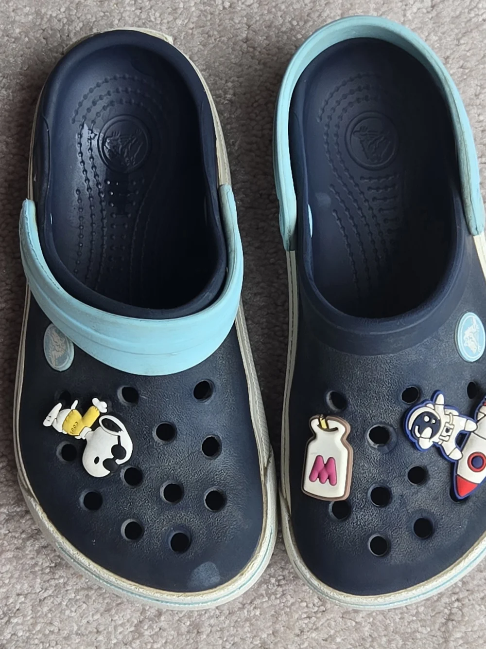 CROCS Kids Navy Clogs with Mint Green Strap and Cartoon Charms